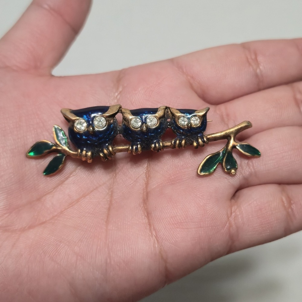 Vintage 3 Owls on Branch Brooch Blue Enamel Rhinestone Pin
